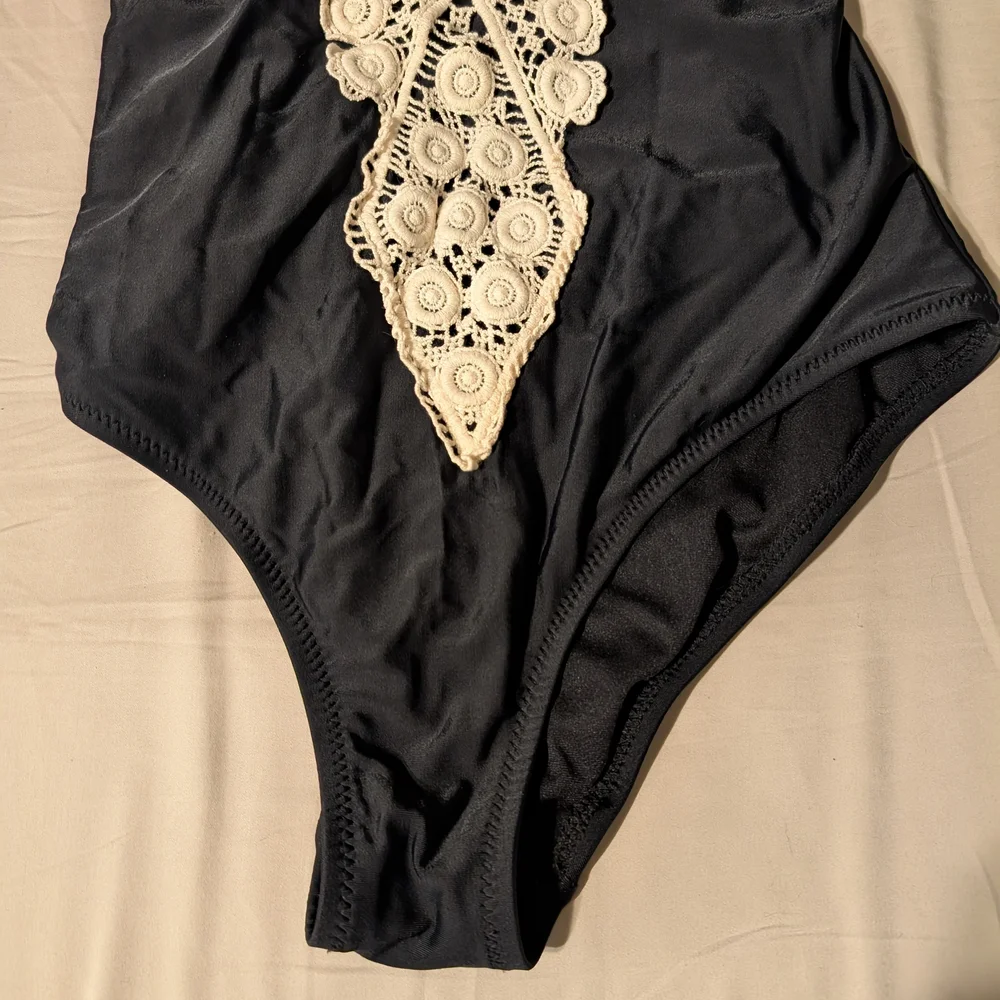 Black One-Piece Swimsuit with Cream Lace Detail - Picture 3 of 7